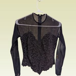 TADASHI Mesh Bustier Long Sleeve Blouse Top